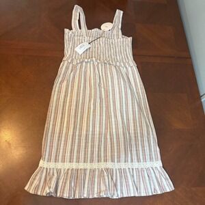 Lucca Linen Cotton Striped Smocked‎ Midi Dress Ruffle Hem Boho Cottagecore S